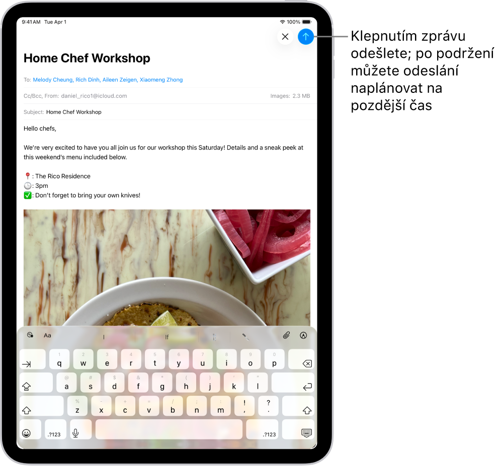 V aplikaci Mail je otevřený koncept e‑mailu. V pravém horním rohu je vidět tlačítko pro odeslání zprávy. Klepnutím na něj zprávu odešlete; když ho podržíte, můžete odeslání naplánovat na později.
