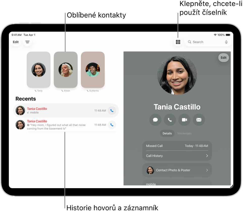 Aplikace Telefon s oblíbenými kontakty na levé straně obrazovky. Pod nimi se nachází historie hovorů a hlasové zprávy. Kontaktní informace se zobrazuje na pravé straně obrazovky, s tlačítkem Číselník vpravo nahoře na obrazovce