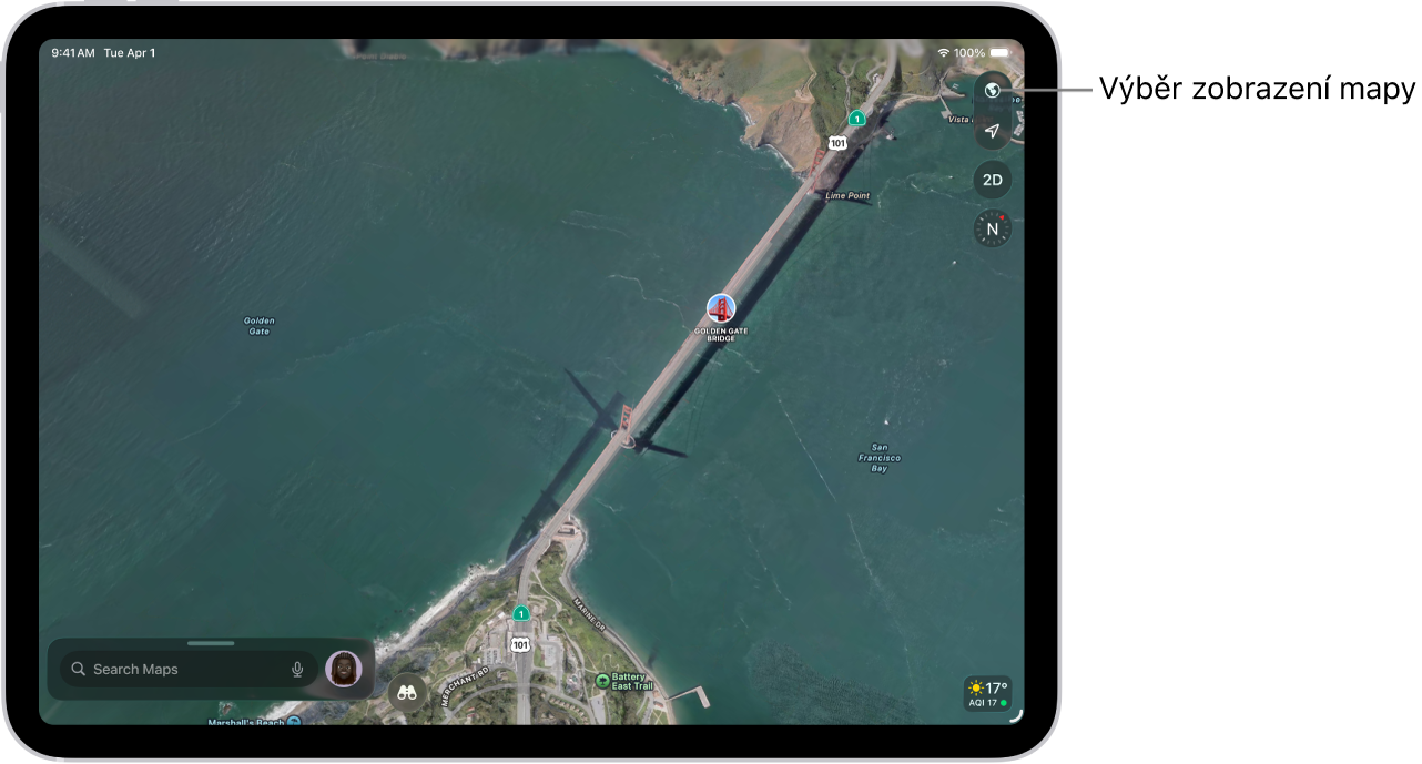 Zobrazení plánu města a parku se stromy, zájmovými body a dalšími místy, jako jsou například stezky nebo vyhlídky