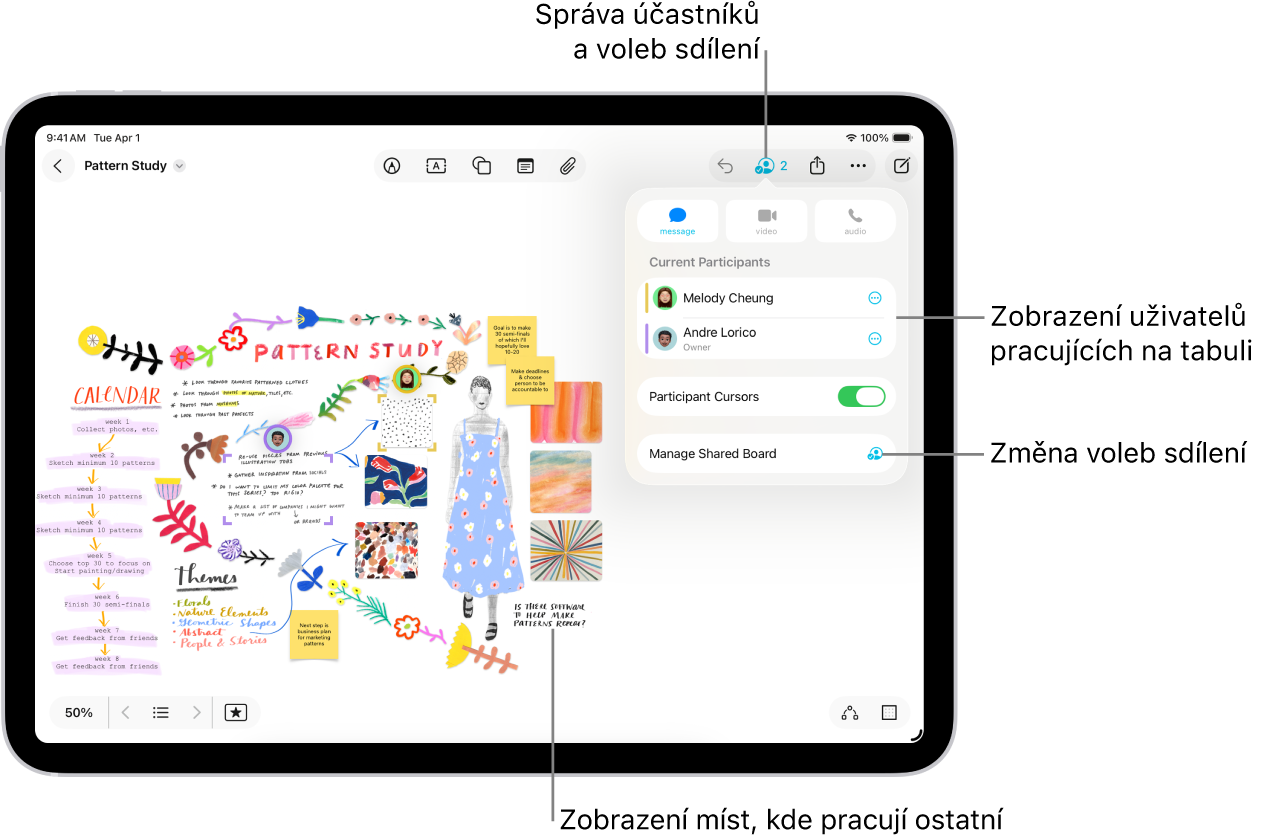 Sdílená tabule aplikace Freeform na iPadu s otevřenou nabídkou pro spolupráci a s barevnými značkami zaškrtnutí, které na tabuli označují pozice jiných účastníků