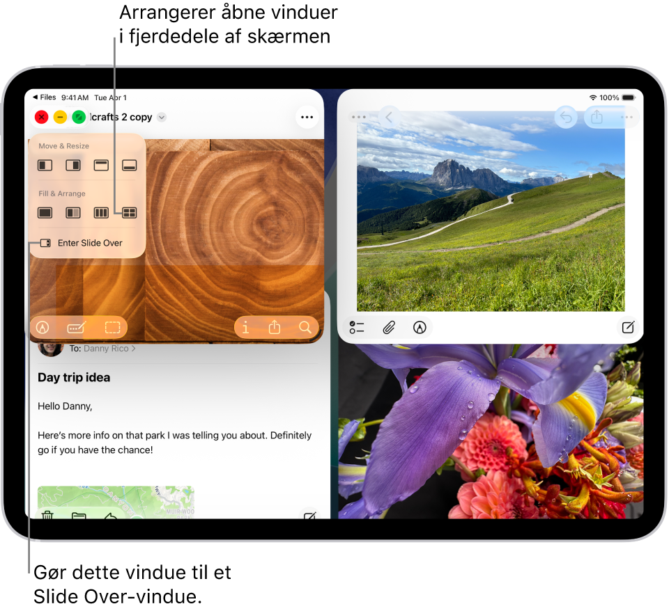 En iPad-skærm med fire åbne apps og et valgt layout til vinduet, der arrangerer dem i fire dele.