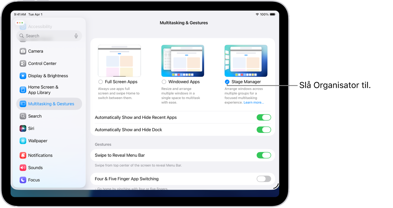 Appen Indstillinger på iPad viser indstillinger til Multitasking og bevægelser, som du kan vælge for at arbejde i flere apps.