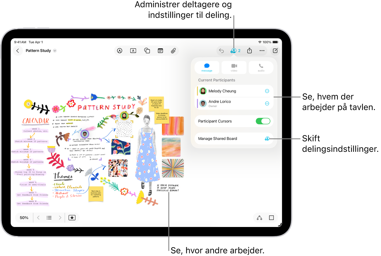 En delt Freeform-tavle på iPad, hvor menuen til samarbejde er åben, og placeringen af andre deltagere på tavlen er markeret med farvede hak.
