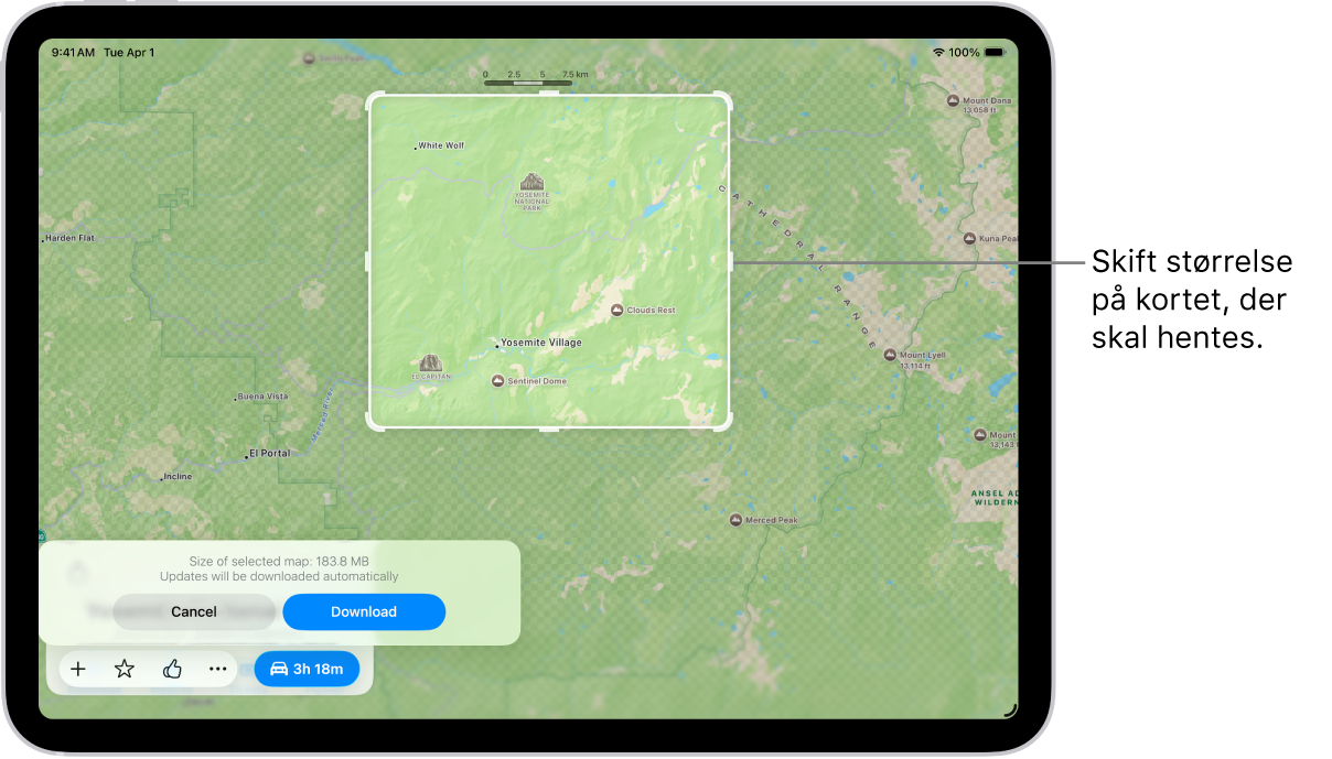 En iPad med et kort over en nationalpark. Parken er indrammet af et rektangel med håndtag, som kan flyttes for at ændre størrelsen på det kort, der skal hentes. Det valgte korts størrelse ved overførsel er angivet i bunden af kortet. Knapperne Annuller og Hent findes nederst på skærmen.
