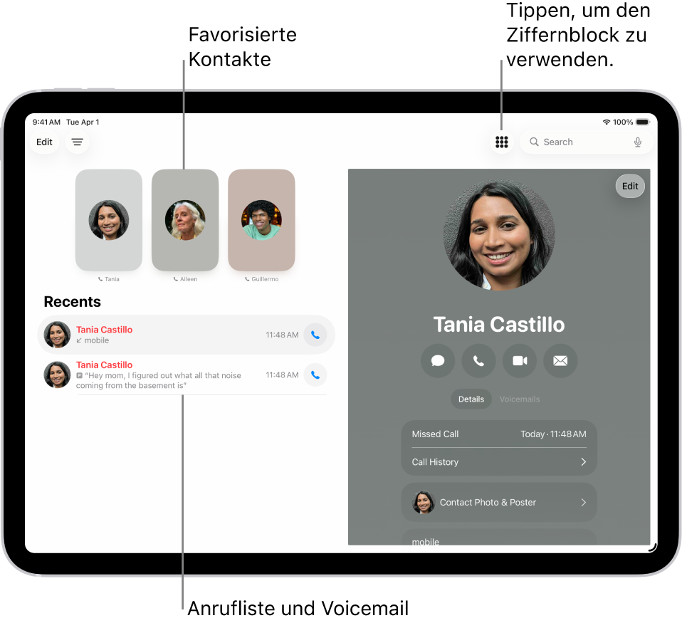 Der Bildschirm „Telefon“ mit den Favoriten auf der linken Seite des Bildschirms. Unter den Favoriten befindet sich eine Liste mit letzten Anrufen und Voicemails. Die Kontaktinformationen werden auf der rechten Bildschirmseite angezeigt und die Taste „Ziffernblock“ befindet sich oben rechts.