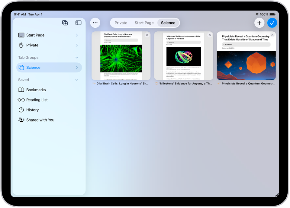 In Safari ist die Tabgruppe für „Wissenschaft“ ausgewählt mit sichtbaren Vorschauen der drei dazugehörigen Tabs.