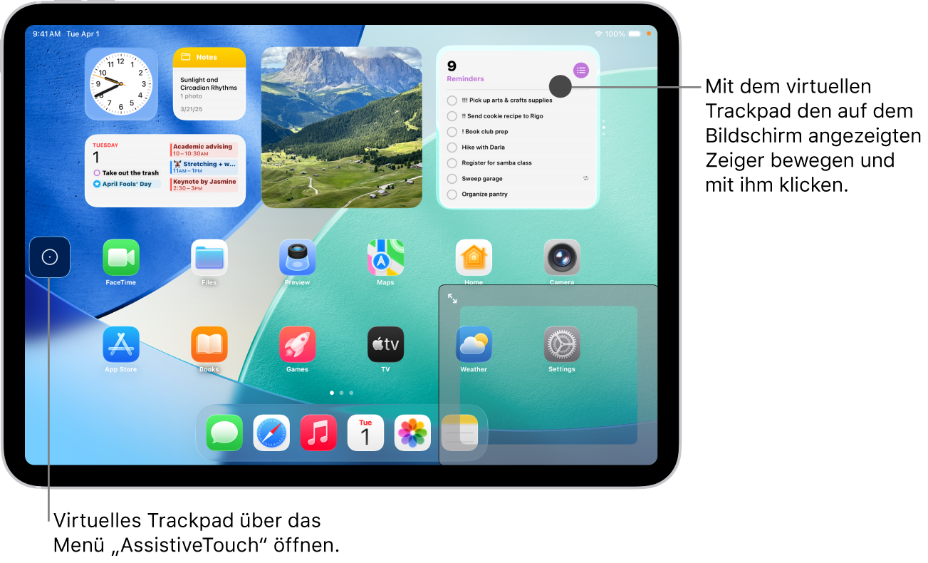Ein iPad zeigt ein virtuelles Trackpad in der Bildschirmecke. Auf dem Bildschirm wird auch das Menü „AssistiveTouch“ (das zum Öffnen des Trackpads verwendet wird) und der Zeiger (der vom Trackpad gesteuert wird) angezeigt.