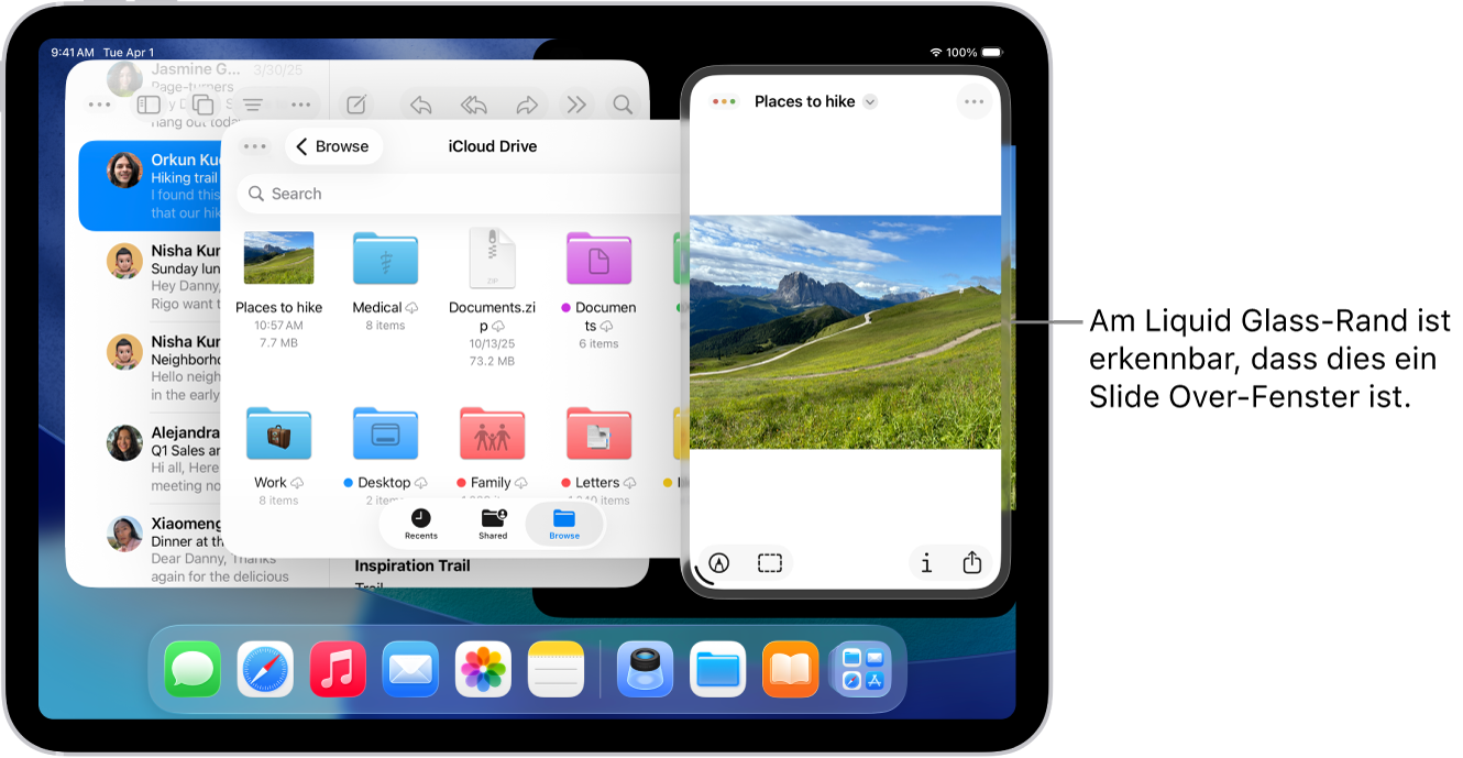 Drei App-Fenster werden auf dem Bildschirm geöffnet, eines davon ist ein Slide Over-Fenster, was durch die Liquid Glass-Umrandung angezeigt wird.