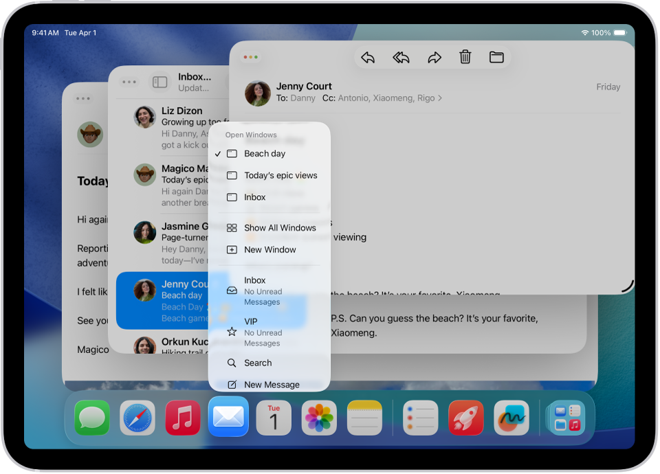 Η οθόνη ενός iPad με ανοιχτά παράθυρα για την εφαρμογή Mail, όπου εμφανίζεται το μενού της εφαρμογής σε ένα από τα παράθυρα.