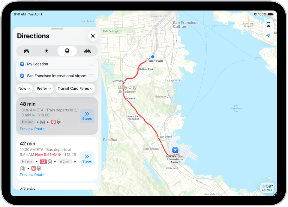 A map showing a transit route. A route card on the left shows Go buttons for several options for the route.