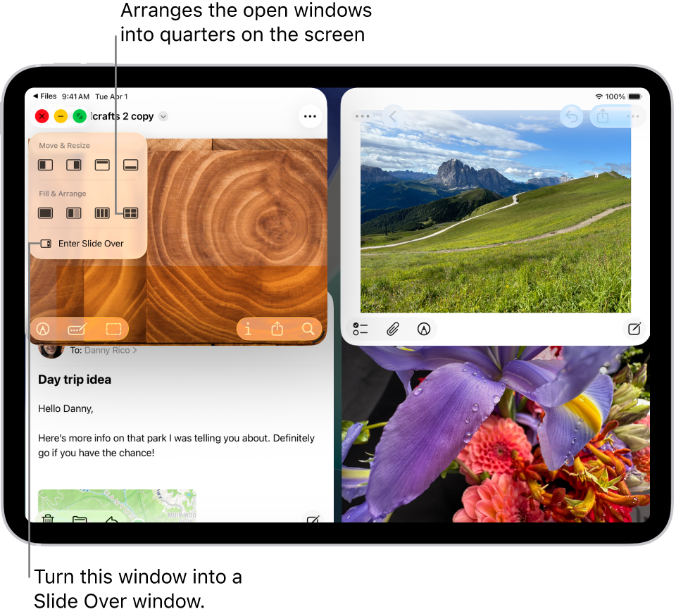 An iPad screen with four apps open and a selected window layout that arranges them in quarters.