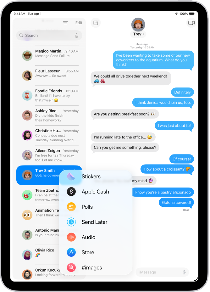 The Add menu in Messages on iPad, listing several iMessage features: scheduled send, audio messaging, the App Store, GIF images, Digital Touch, location sharing, and music.
