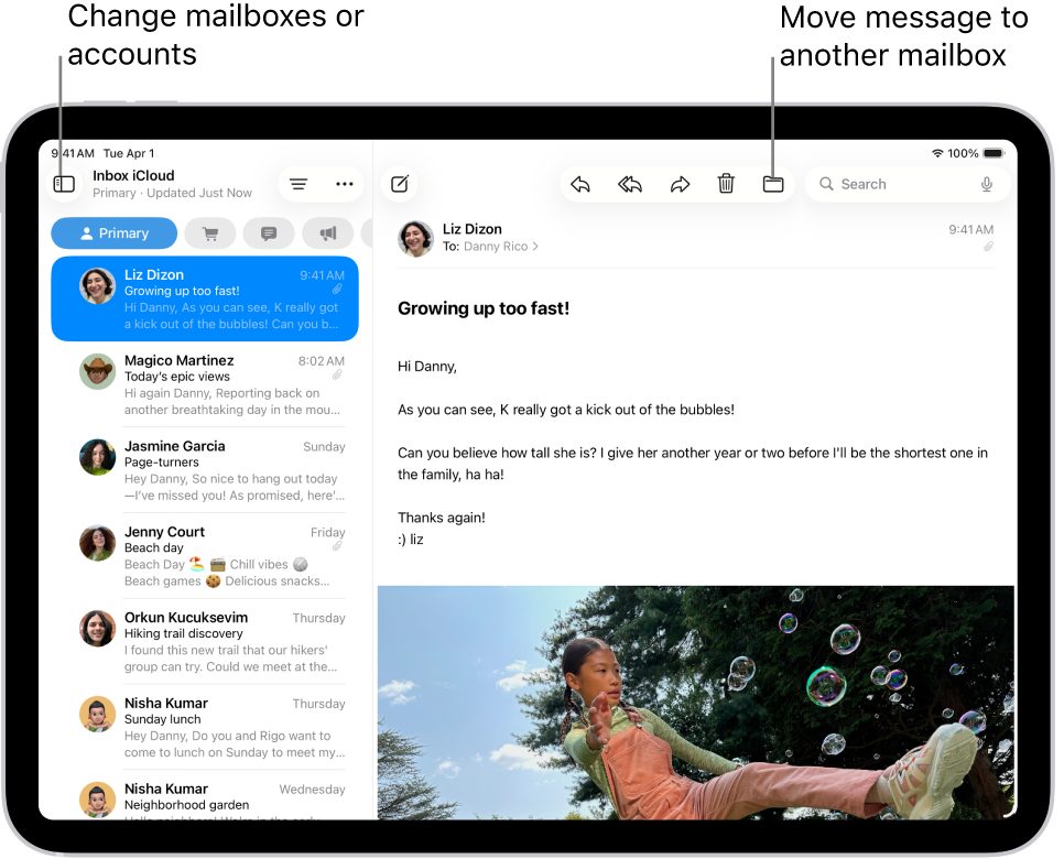 The Mail Inbox, with the list of emails on the left and an open email on the right.