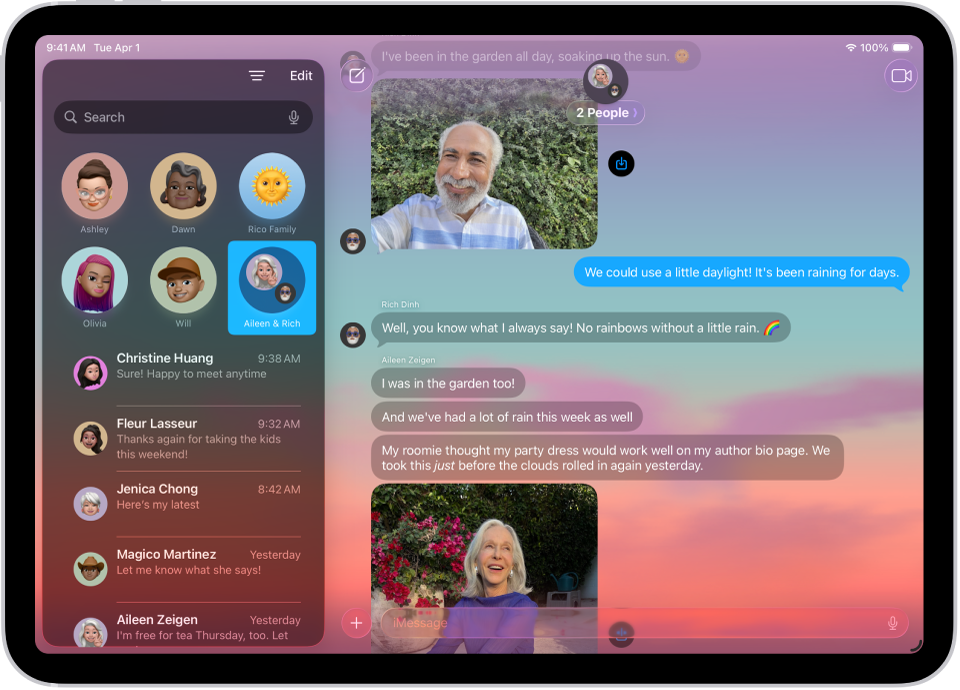 A conversation in Messages with a dynamic background.