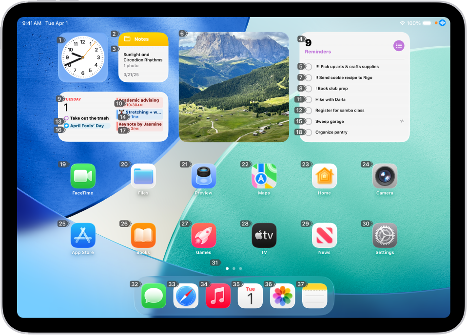 An iPad showing a number next to each item on the Home Screen. At the top of the screen, the Voice Control command “Show numbers” is displayed.