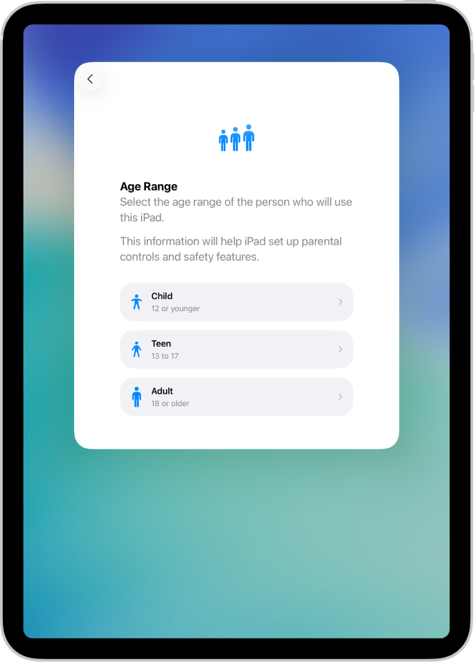 The Age Range setup screen. Three age ranges are listed: Child (12 or younger), Teen (13 to 17), and Adult (18 or older).