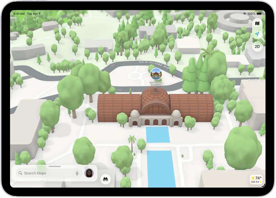 A 3D map in the Maps app, showing a bridge and a park.