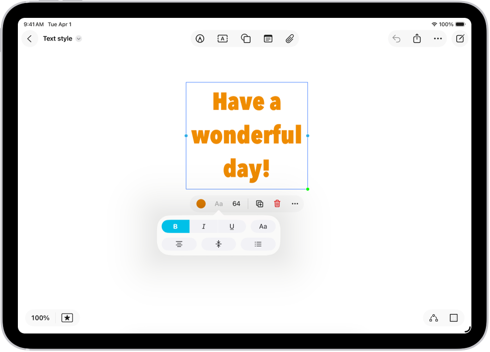 A Freeform board showing a text box selected and the text formatting tools below it.