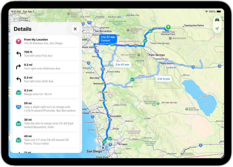 A map showing three options for routes and a detailed list of steps to get to a destination with the fewest turns.