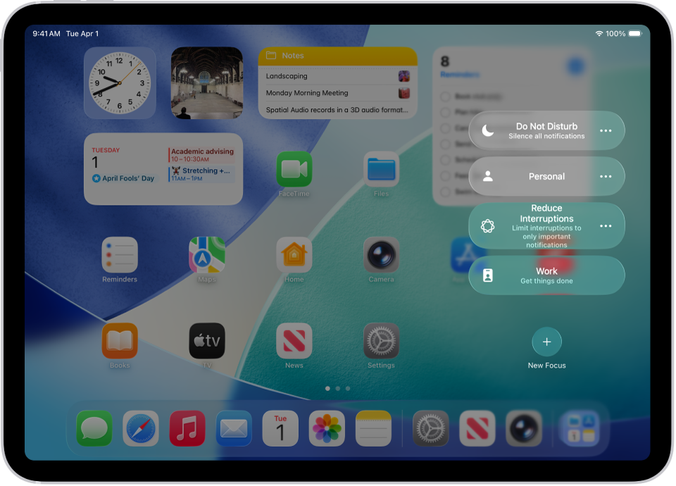 Control Center showing the Focus options, with buttons for setting the duration of the Focus options.