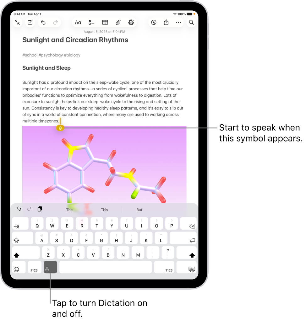 The onscreen keyboard is open in the Notes app. The Dictation button at the bottom of the keyboard is selected and the Dictation button appears below the insertion point in the text field.