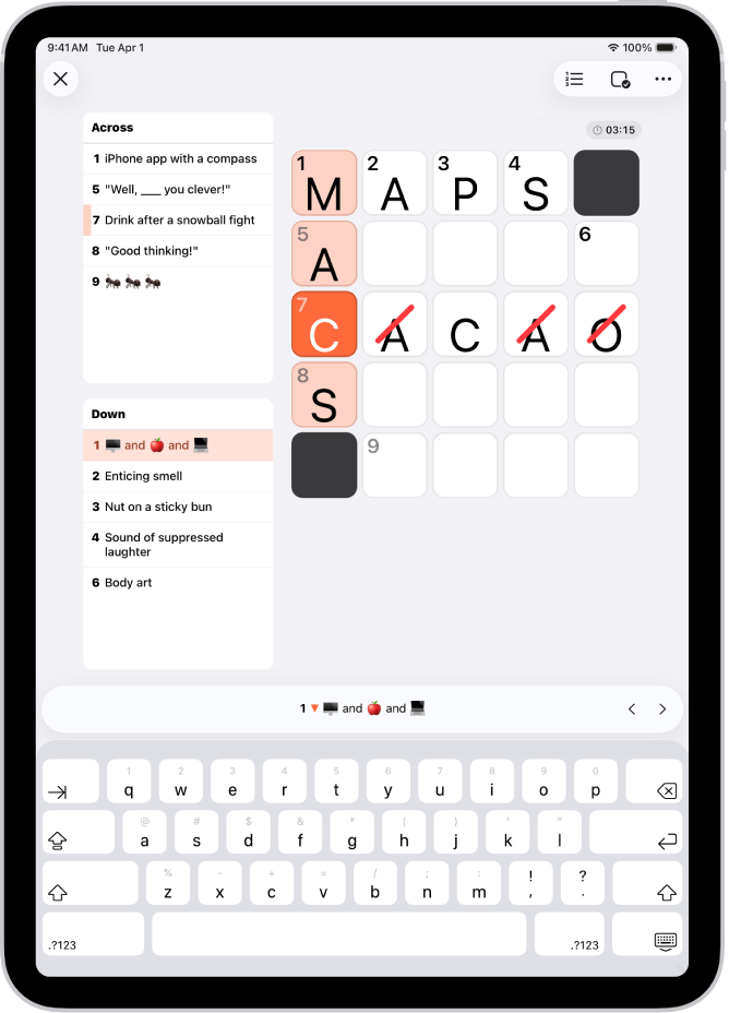 A partially filled crossword mini puzzle, with the clues on one side.