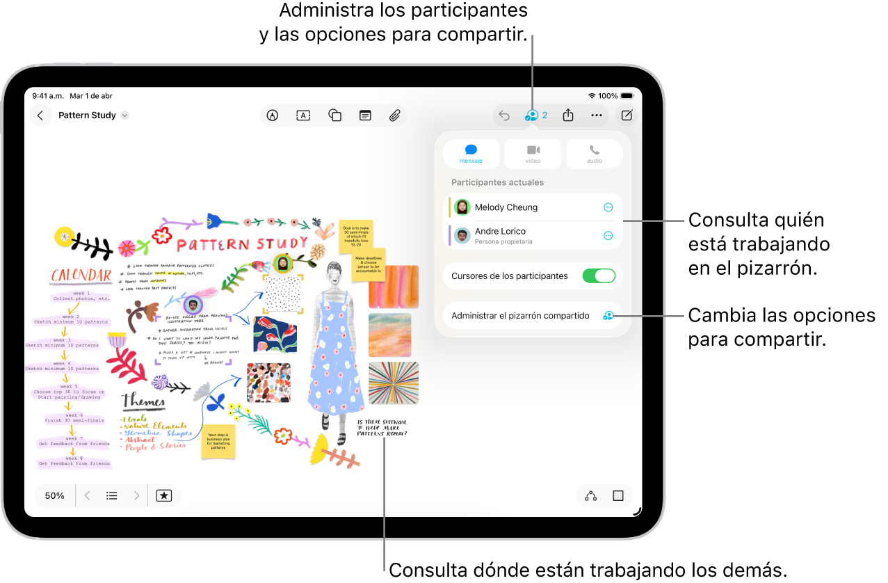 Un pizarrón de Freeform compartido en un iPad con el menú de colaboración abierto y la ubicación de otros participantes en el pizarrón indicada con marcas de colores.