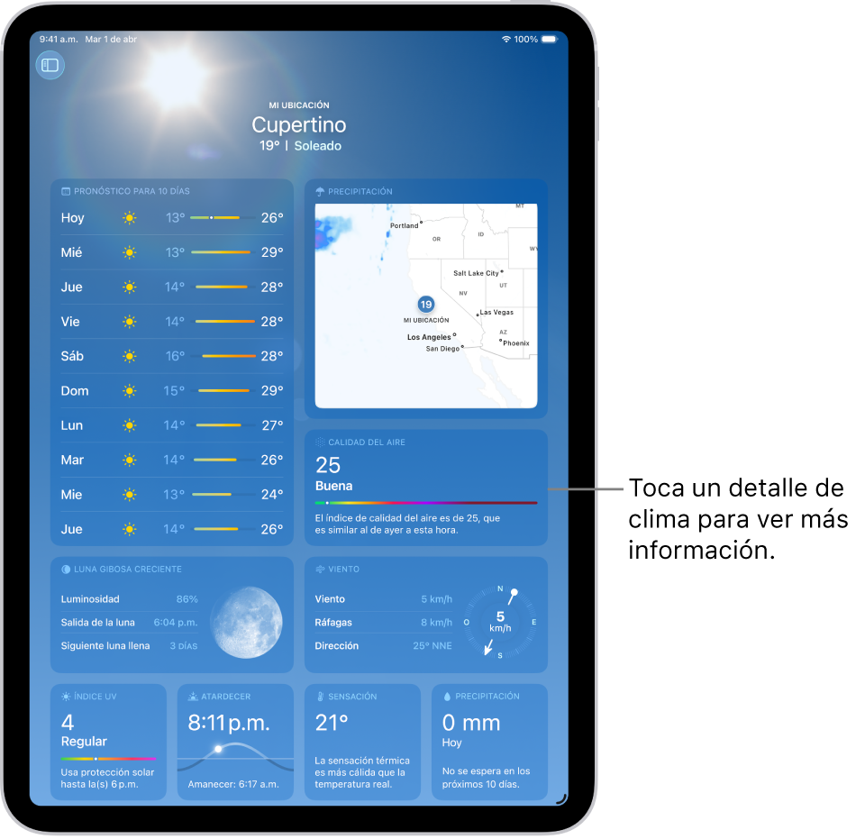 La pantalla de Clima mostrando la ubicación en la parte superior, y debajo la temperatura actual y las condiciones de clima. El resto de la pantalla contiene detalles del clima, como el índice de rayos UV, viento y precipitación.