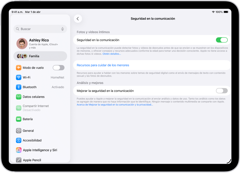 Pantalla de la app Configuración que muestra que se activó la seguridad en la comunicación.