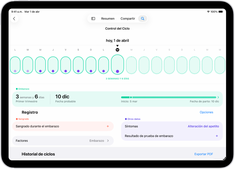 La pantalla Control del Ciclo con una línea del tiempo del embarazo de una semana en la parte superior. Los óvalos verdes claros y los puntos morados marcan los primeros 7 días en la línea de tiempo. Los óvalos discontinuos de color verdes claros marcan los demás días de la línea de tiempo. Debajo de la línea de tiempo está el resumen del embarazo, que muestra la edad gestacional, fecha de inicio y fecha probable de parto. Debajo del resumen del embarazo hay opciones para agregar información sobre sangrado durante el embarazo, síntomas y más.