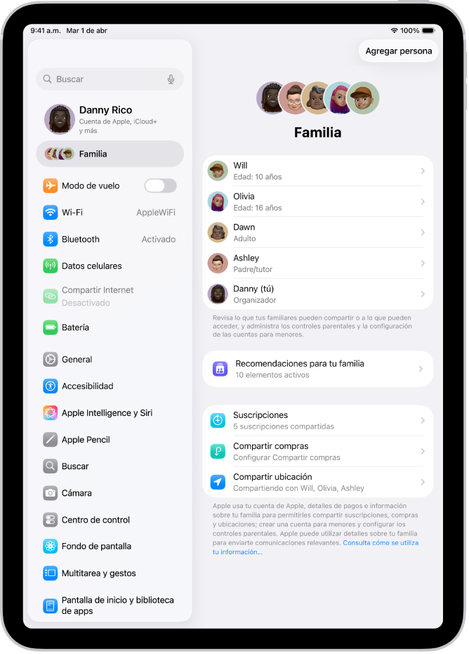 Pantalla Familia en Configuración. Arriba de las funciones que se comparten se indican hasta cinco miembros de la familia.