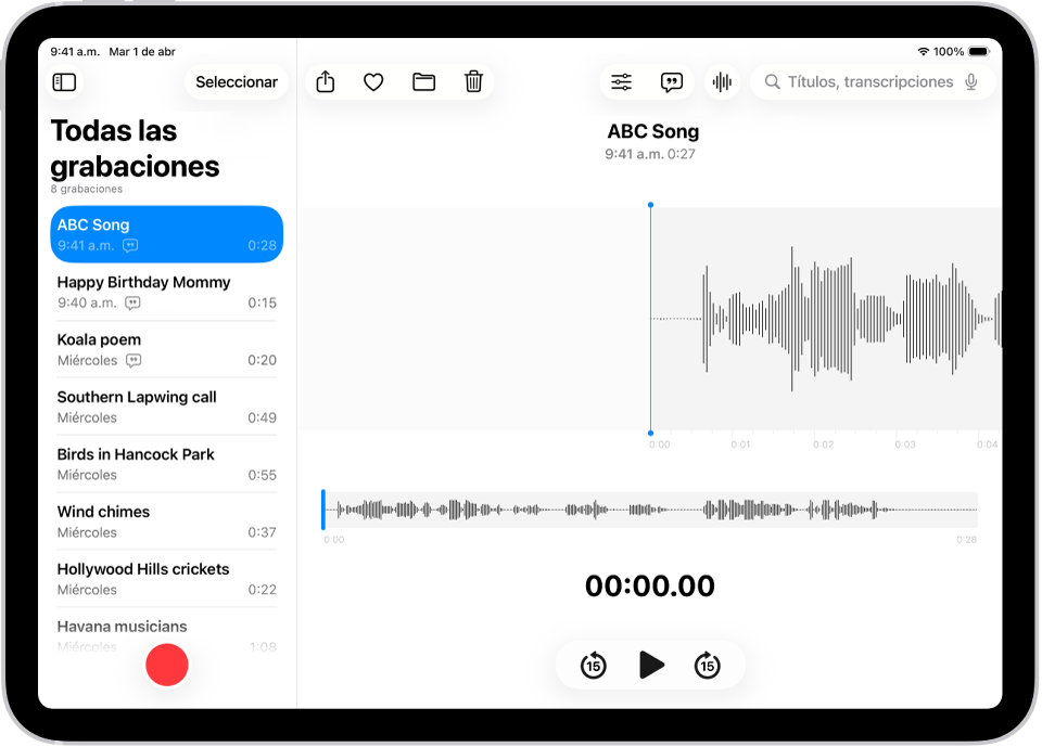 Una grabación realizada en la app Notas de Voz. La lista de las grabaciones está a la izquierda, con una grabación seleccionada arriba. A la derecha, la onda tiene un cursor de reproducción que puedes arrastrar para ir a un punto determinado de la grabación. Arriba de la forma de onda están los botones Compartir, Favorita, Transferir, Eliminar, Opciones de reproducción, Transcripción y Editar. Debajo de la línea de tiempo están los controles de reproducción.