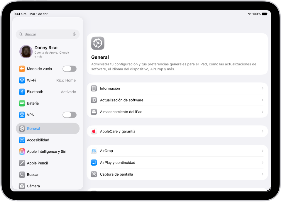 Pantalla de inicio del iPad con varios íconos de apps, incluyendo el ícono de la app Configuración, que puedes tocar para modificar el nivel del volumen del iPad, el brillo de la pantalla y más.