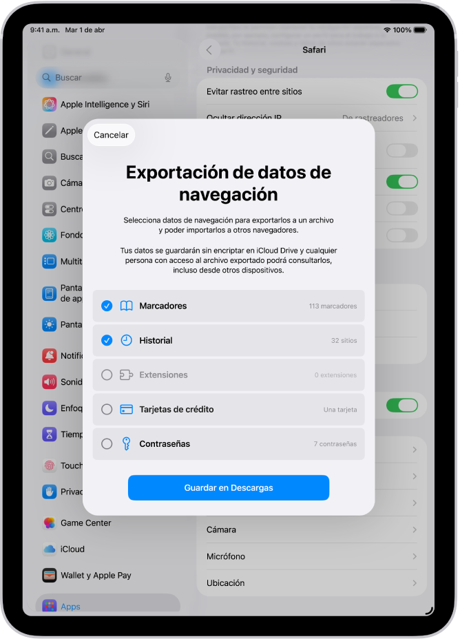 La pantalla Exportar datos de navegación muestra los datos que puedes exportar de Safari a otro navegador.