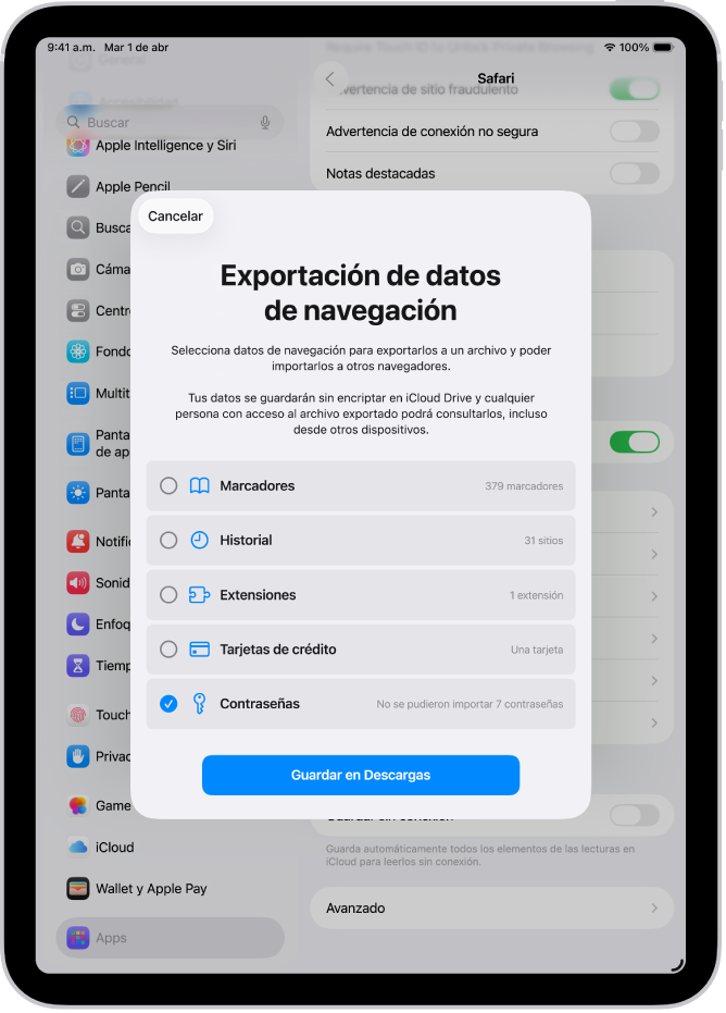 La pantalla Exportar datos de navegación con la opción Contraseñas seleccionada para exportar a otro administrador de contraseñas.