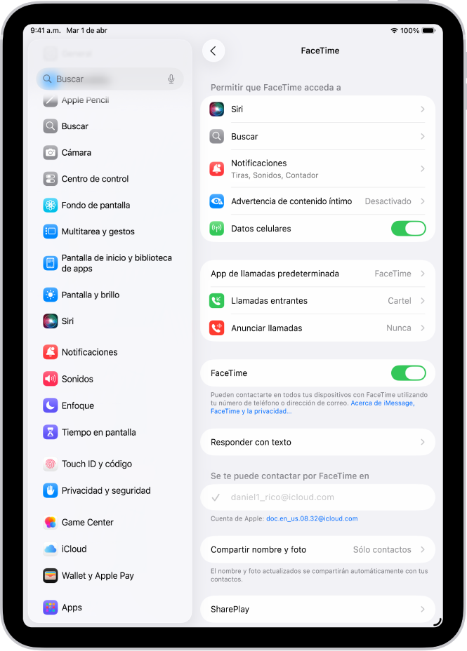 La pantalla de configuración de FaceTime donde se encuentra el control para activar o desactivar FaceTime y el número telefónico y la dirección de correo electrónico donde se te puede localizar.