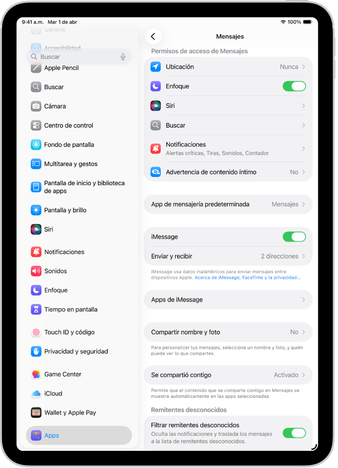 El panel de configuración de Mensajes con la opción iMessage activada.
