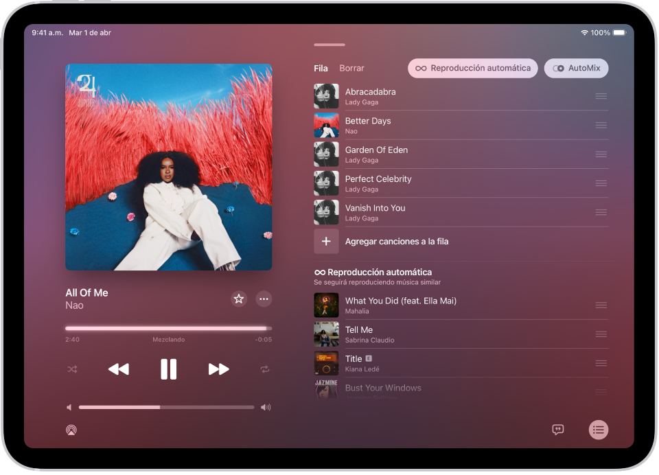 La pantalla Ahora suena mostrando la fila con la reproducción automática y AutoMix activadas. Aparecen canciones similares debajo de las canciones en el álbum.
