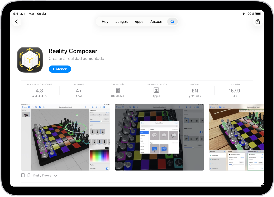 La página de información de una app en App Store. La página muestra el botón Obtener, las calificaciones, las clasificaciones de edad, el desarrollador, capturas de pantalla y más. En la parte superior central, de izquierda a derecha, están los siguientes botones: Hoy, Juegos, Apps, Arcade y Buscar.