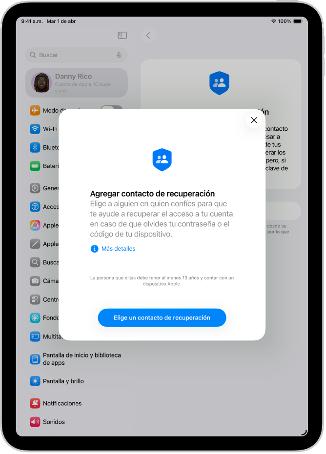 La pantalla Contacto de recuperación de cuenta, con información sobre la función. El botón Agregar contacto de recuperación se encuentra en la parte inferior.