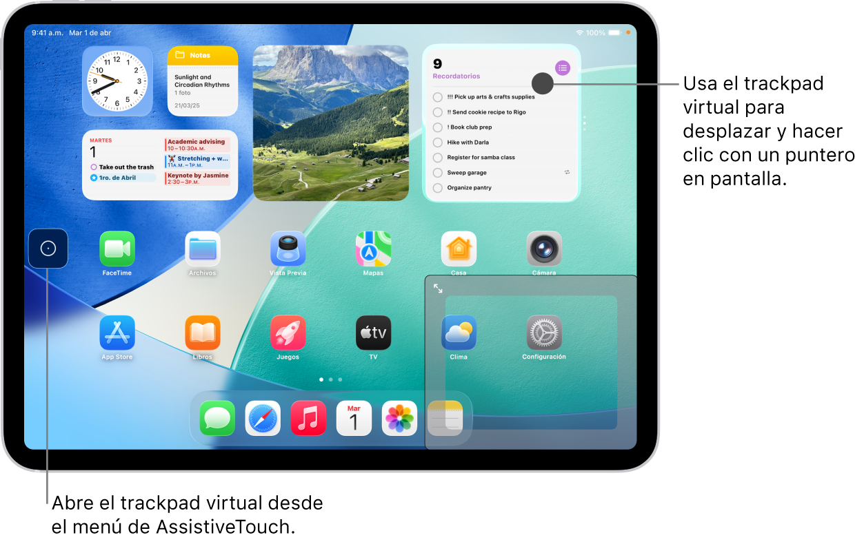 Un iPad con un trackpad virtual en la esquina de la pantalla. En la pantalla también está el menú AssistiveTouch (que se usa para abrir el trackpad) y el puntero (que se controla con el trackpad).