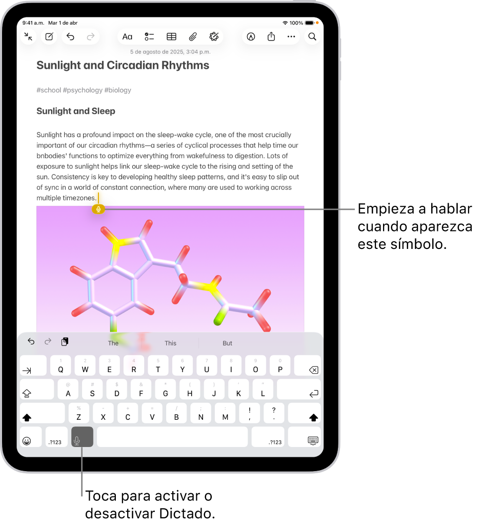 En la app Notas, el teclado en pantalla está abierto. Se selecciona el botón Dictado en la parte inferior del teclado y aparece el botón Dictado debajo del punto de inserción en el campo de texto.
