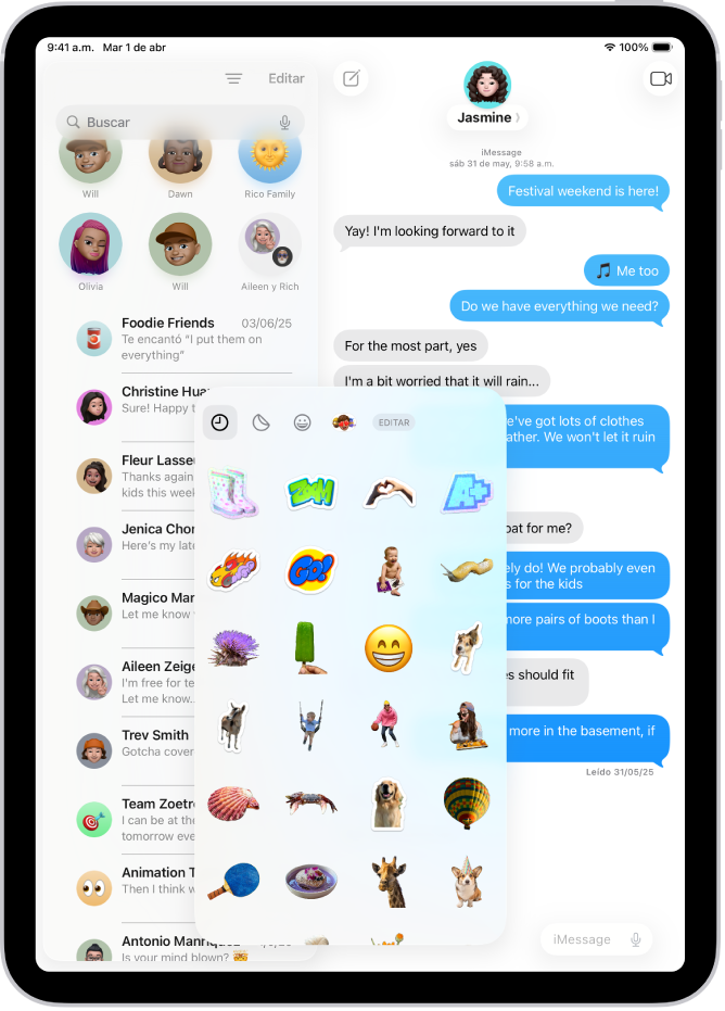 Stickers usados recientemente en la app Mensajes. Cada botón de la parte superior de la tarjeta abre un paquete de stickers.