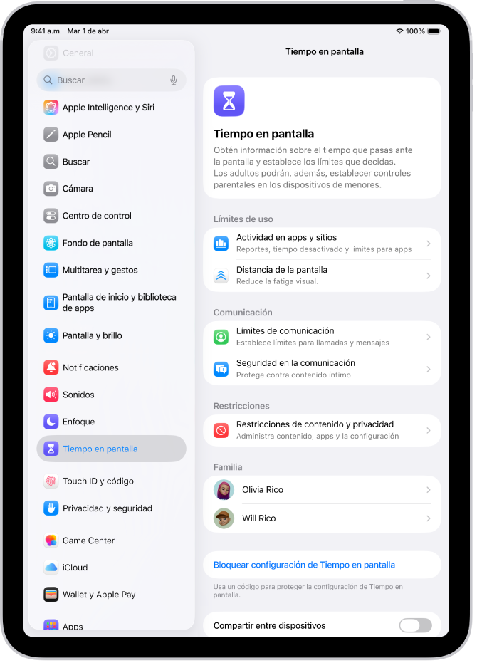 Pantalla para configurar Tiempo en pantalla, indicando que toques Actividad de apps y sitios para empezar.