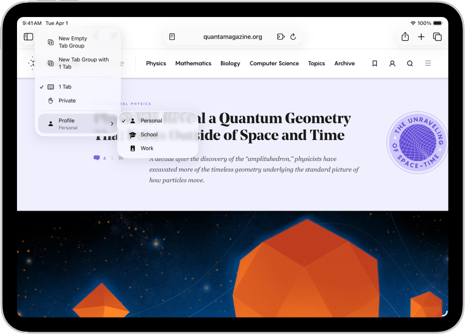 En la app Safari, el menú “Grupo de pestañas” está abierto. En la parte inferior del menú, la opción Perfil está seleccionada y un menú muestra las opciones Personal, Escuela y Trabajo.