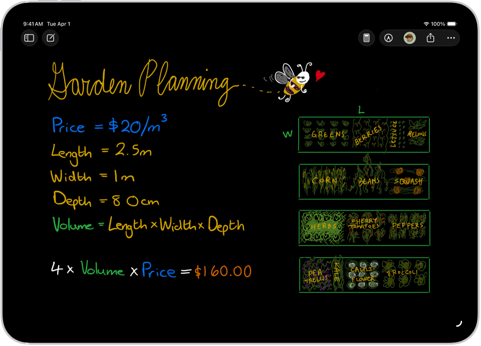 Una nota matemática abierta en la app Calculadora con variables declaradas, ecuaciones y un dibujo del problema matemático.