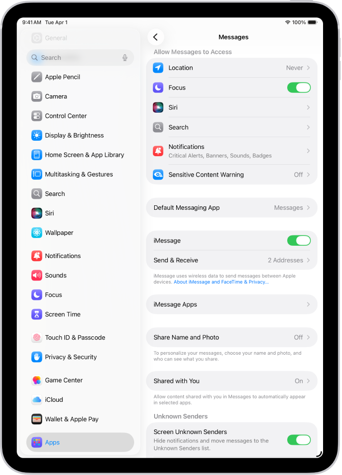 El panel de ajustes de la app Mensajes con iMessage activado.