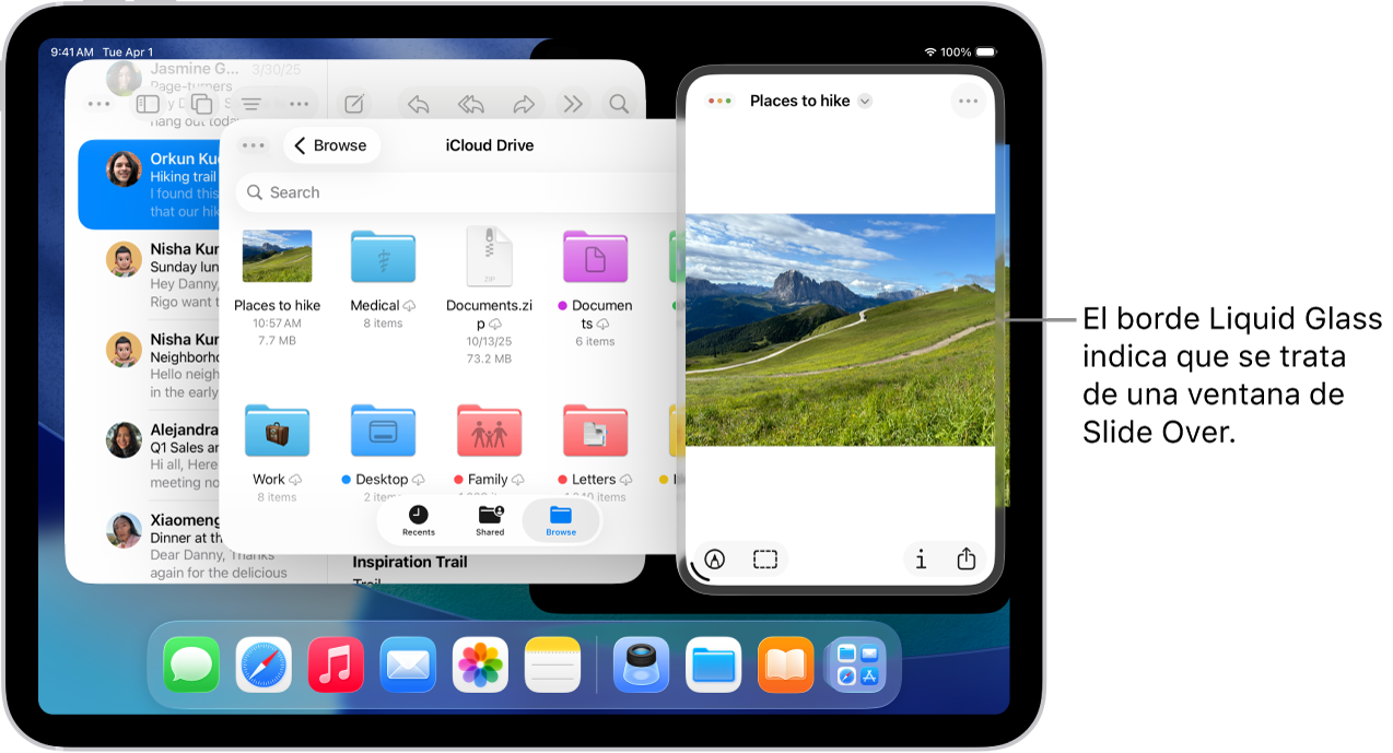 Tres ventanas de app abiertas en la pantalla, una de ellas es una ventana de Slide Over, como indica el borde de Liquid Glass.