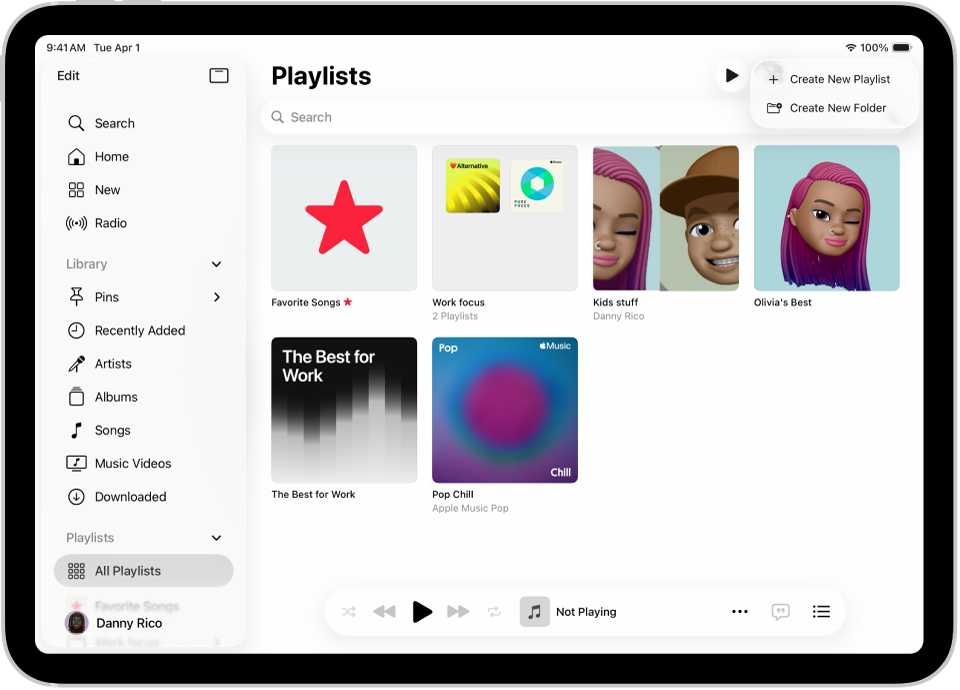 Pestaña Playlists con la barra lateral a la izquierda y la lista de playlists a la derecha. En la parte superior hay botones para crear una nueva playlist o carpeta.