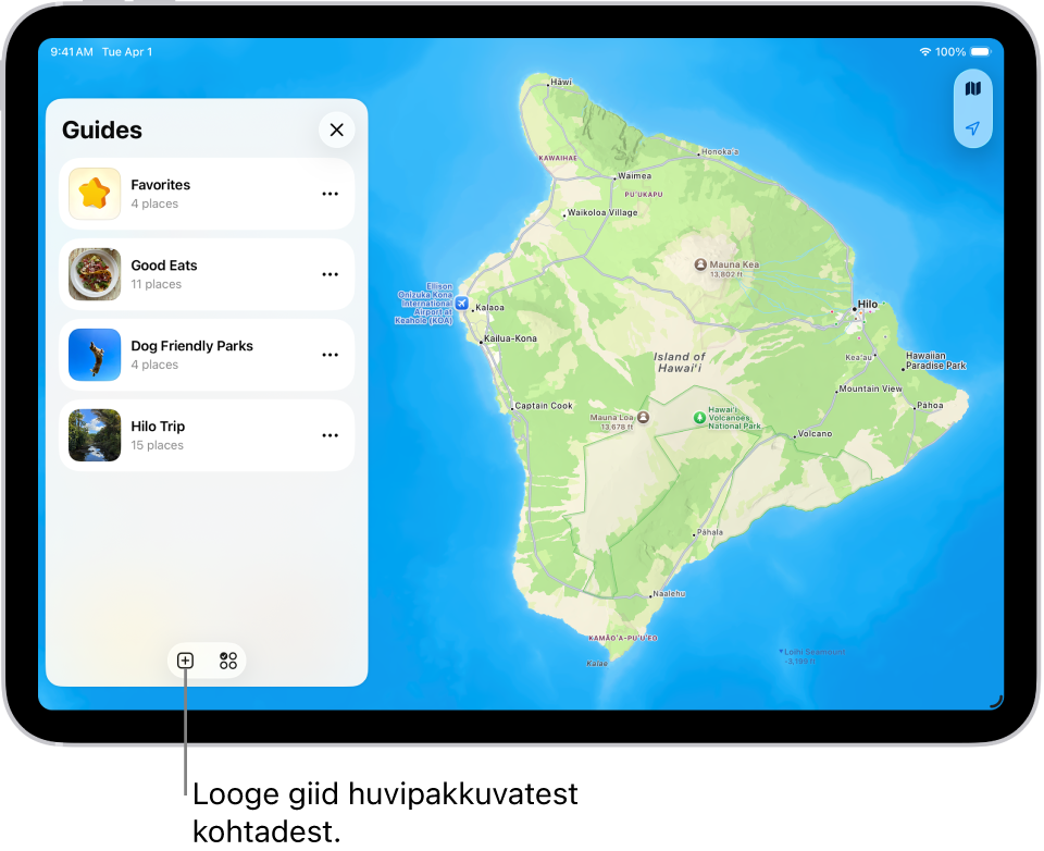 iPad rakenduses Maps loodud kohandatud giid kuvab vasakul kohtade loendit ning nende asukohad on tähistatud paremal toodud kaardil.